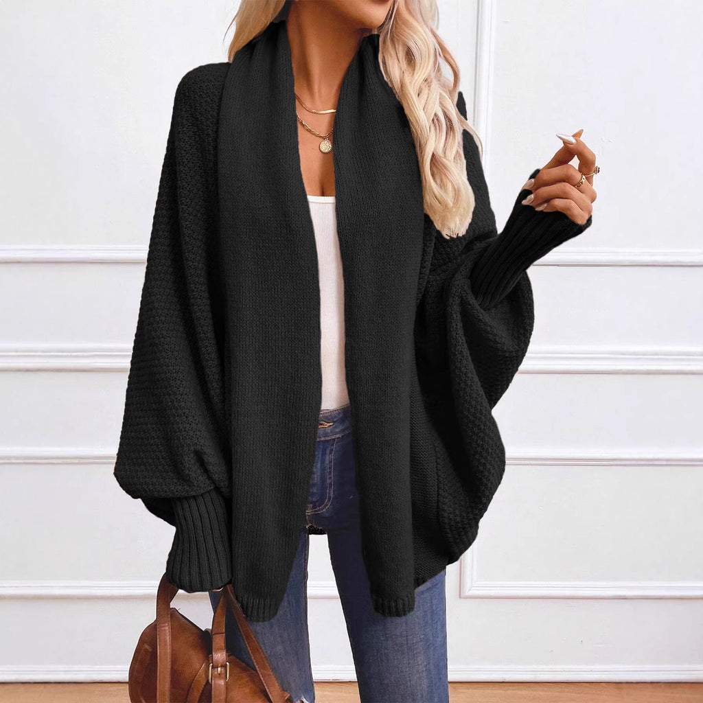 Solid-color, Large Lapel, Loose-fit Knitted Cardigan For Women