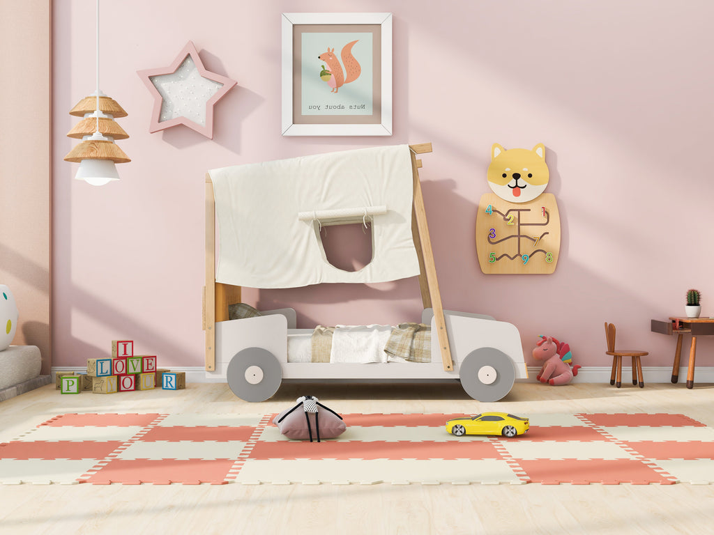 Wood Twin Size Car Bed with Pillow, Ceiling Cloth