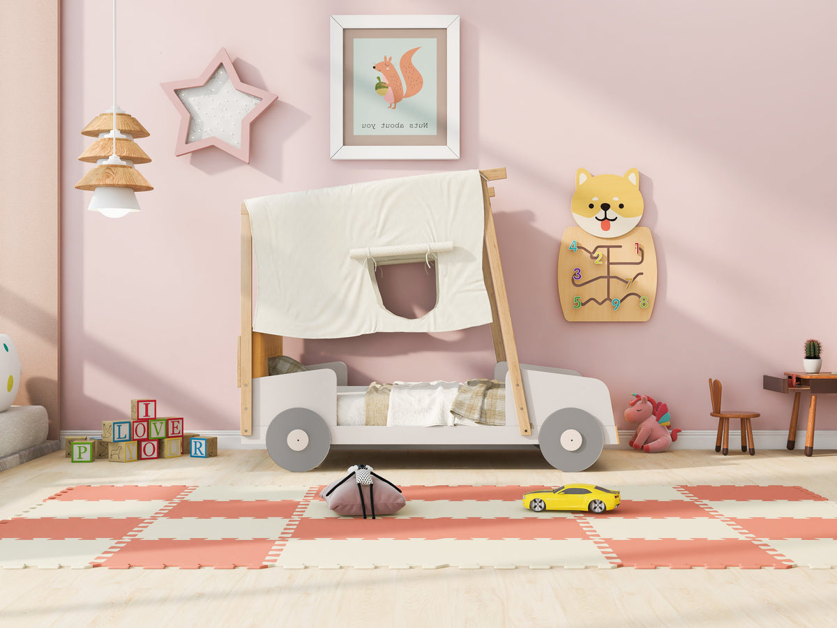 Wood Twin Size Car Bed with Pillow, Ceiling Cloth