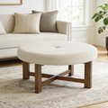 Beige Fabric Round Ottoman with Solid Wood Cross Base