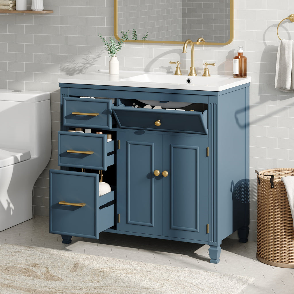 36" Bathroom Vanity with Sink, Ceramic Sink, One Tip-out Drawer, 3 Side Drawers