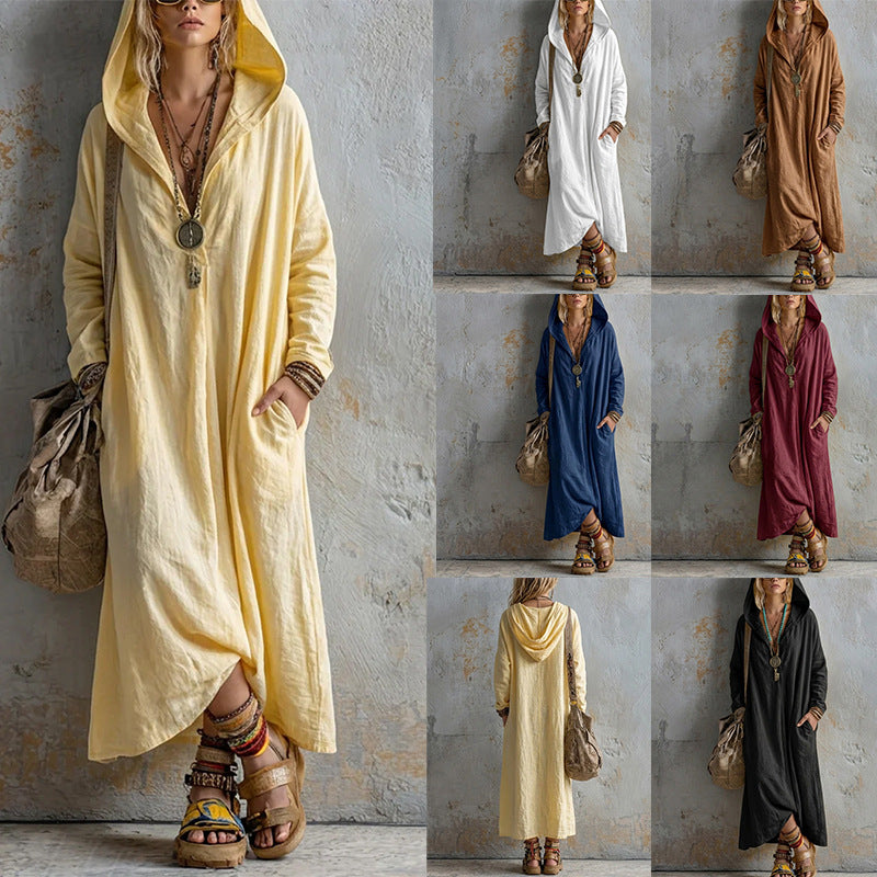 European And American Cross-border 2026 Autumn New Women's Dress, Loose Casual Style With Pockets, Long-sleeved V-neck Hooded Long Dress