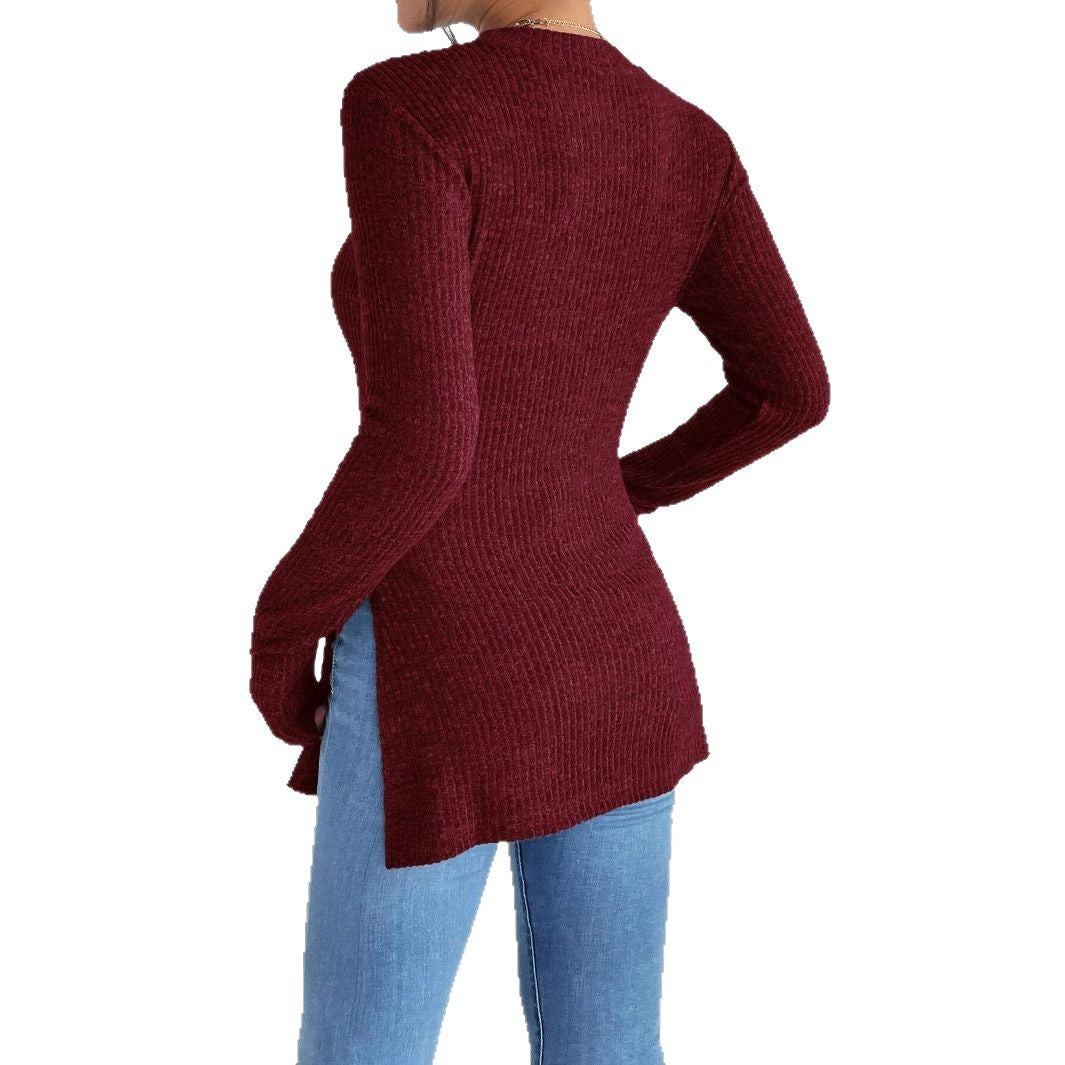 Slim Fit Sexy Women's Fall Winter New Arrival Solid Color Ribbed Brushed Knit T-Shirt With Round Neck And Ribbed Hem