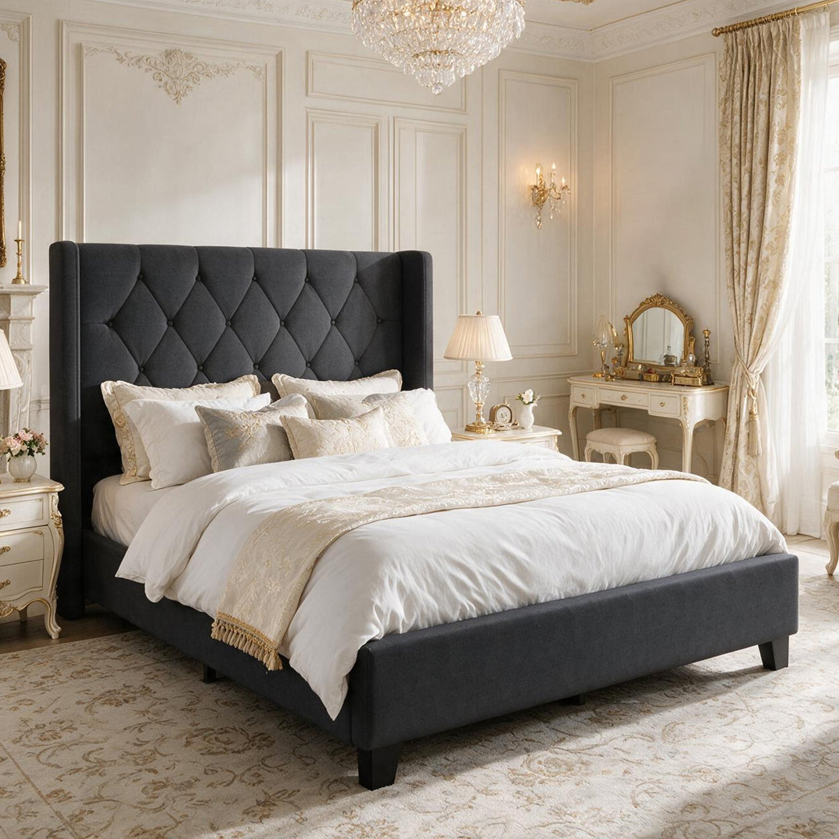 Modern Queen Size Platform Bed Frame with Tufted Velvet Headboard