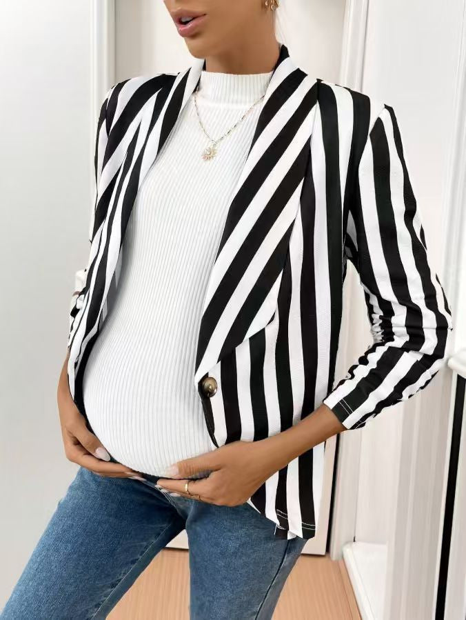Womens Lapel-striped Single-button Cardigan Blazer