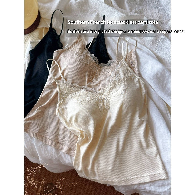 Modal Ribbed Lace Sexy Spaghetti-strapped Camisole Bra With Built-in Padding