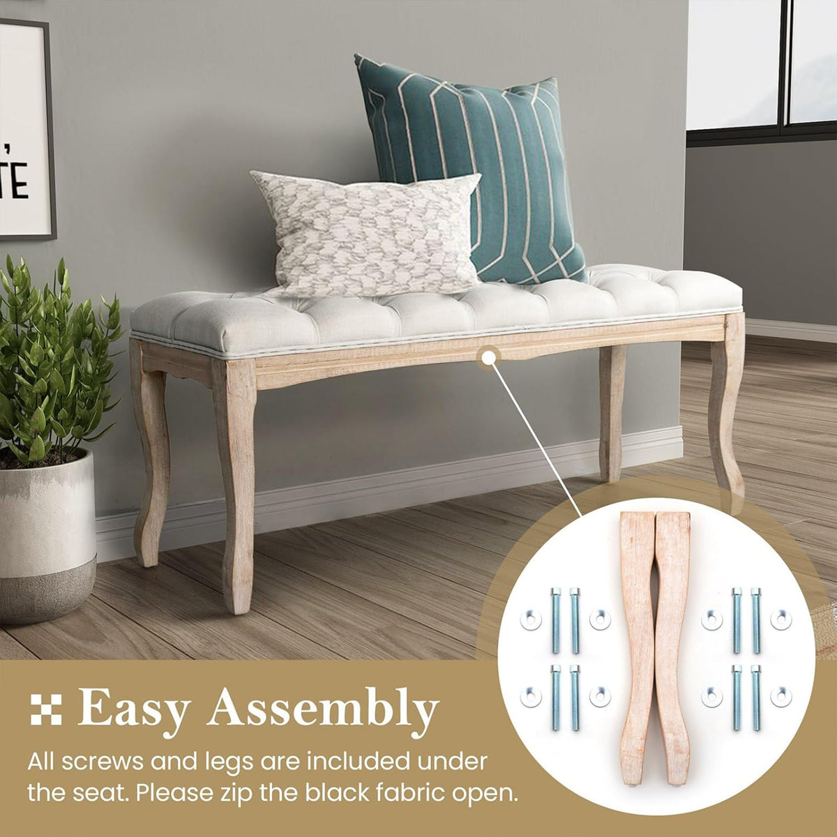 Bedroom Bench - French Vintage Tufted Entryway Bench