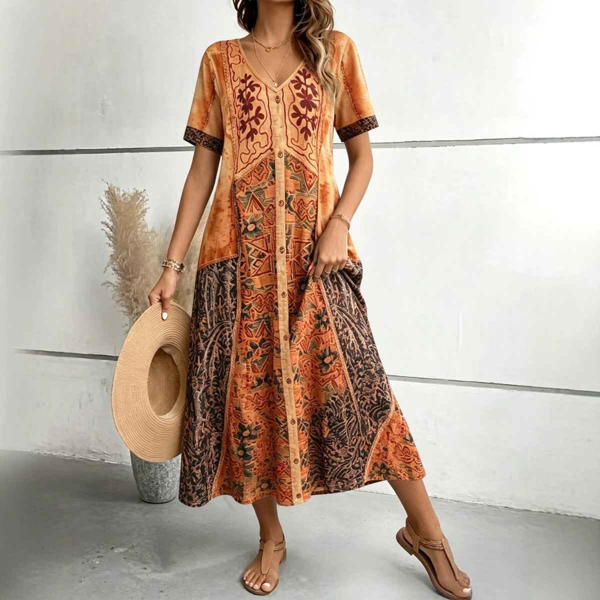 EBay Cross-border European And American Foreign Trade Summer Bohemian Patchwork Printed Dress V-neck Single-breasted A-line Midi Dress