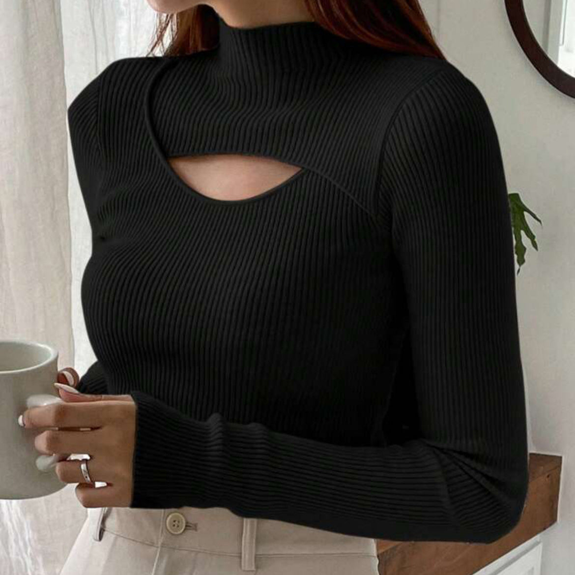 Women's Hollow-out Knit Sweater Mock Neck Sweater