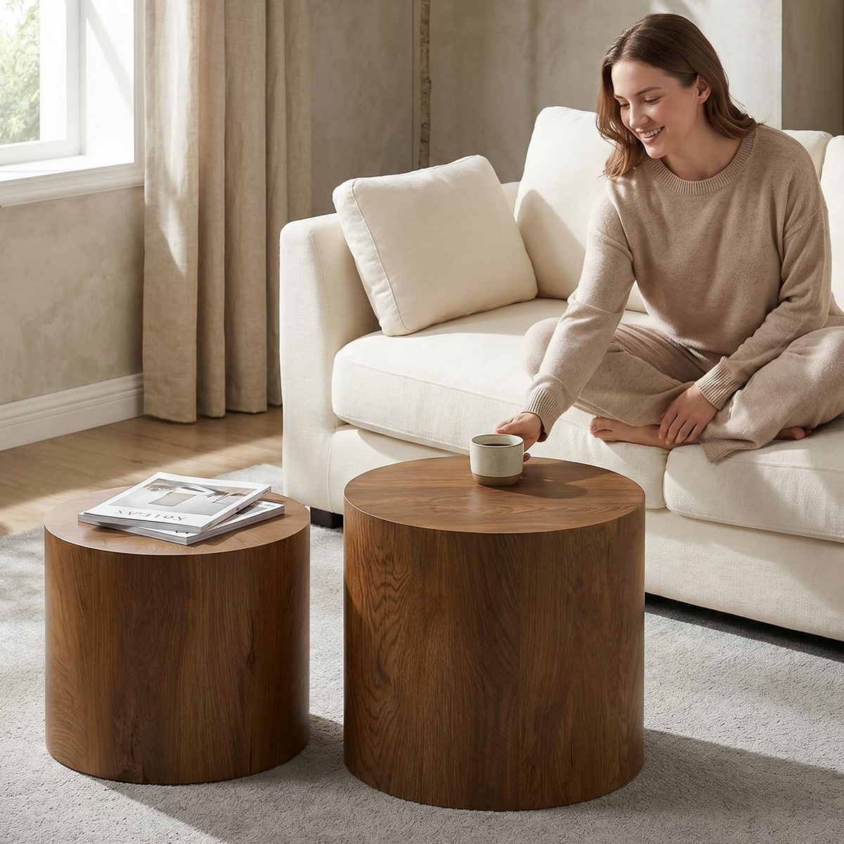 Nesting Coffee Table Set of 2 Round Wooden Coffee Tables