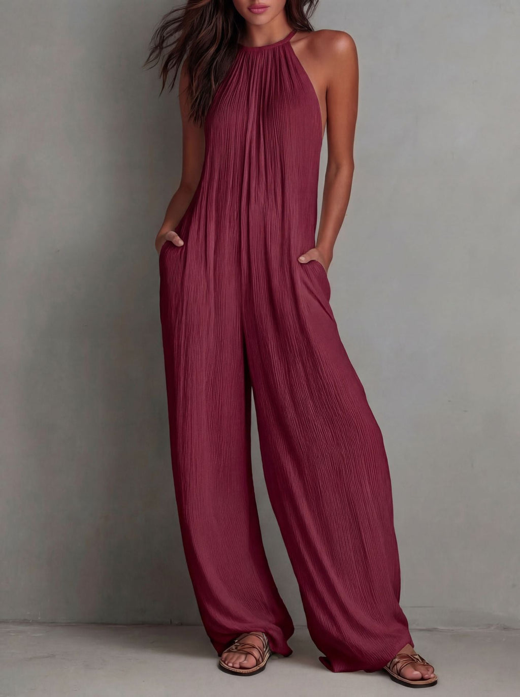 Cross-Border Foreign Trade Women's Clothing European And American Style Halter Neck Sleeveless Vacation Style White Pleated Backless Wide-Leg Jumpsuit
