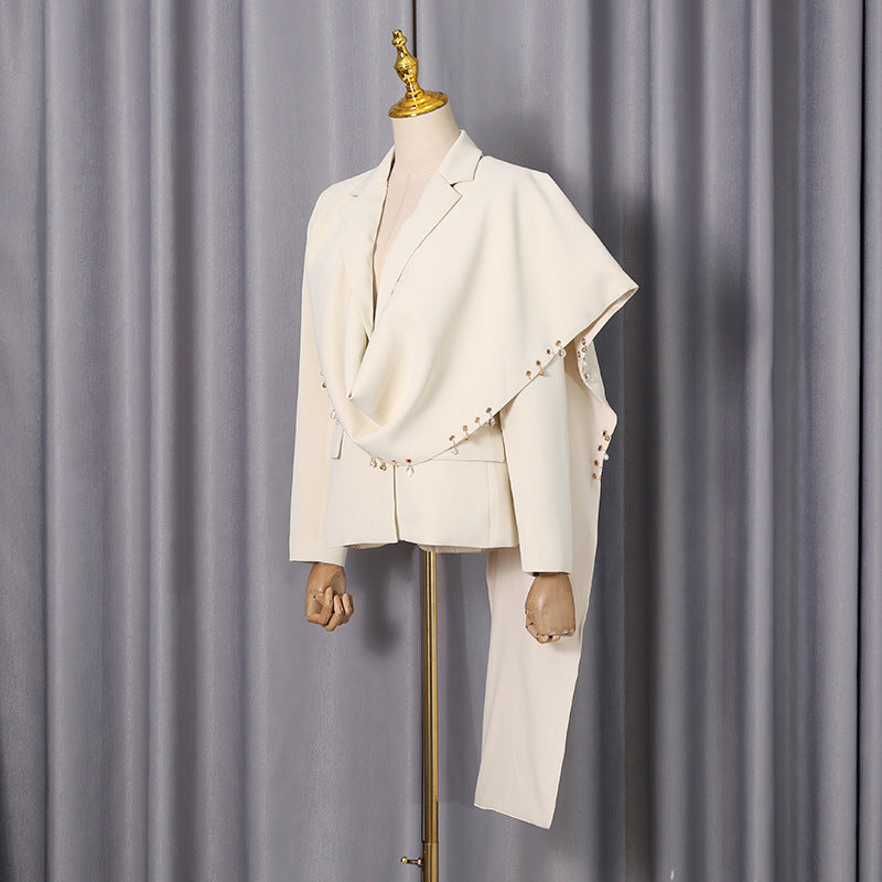 Waterfall Draped Pearl Crystal Bead Trim Asymmetrical Tailored Blazer