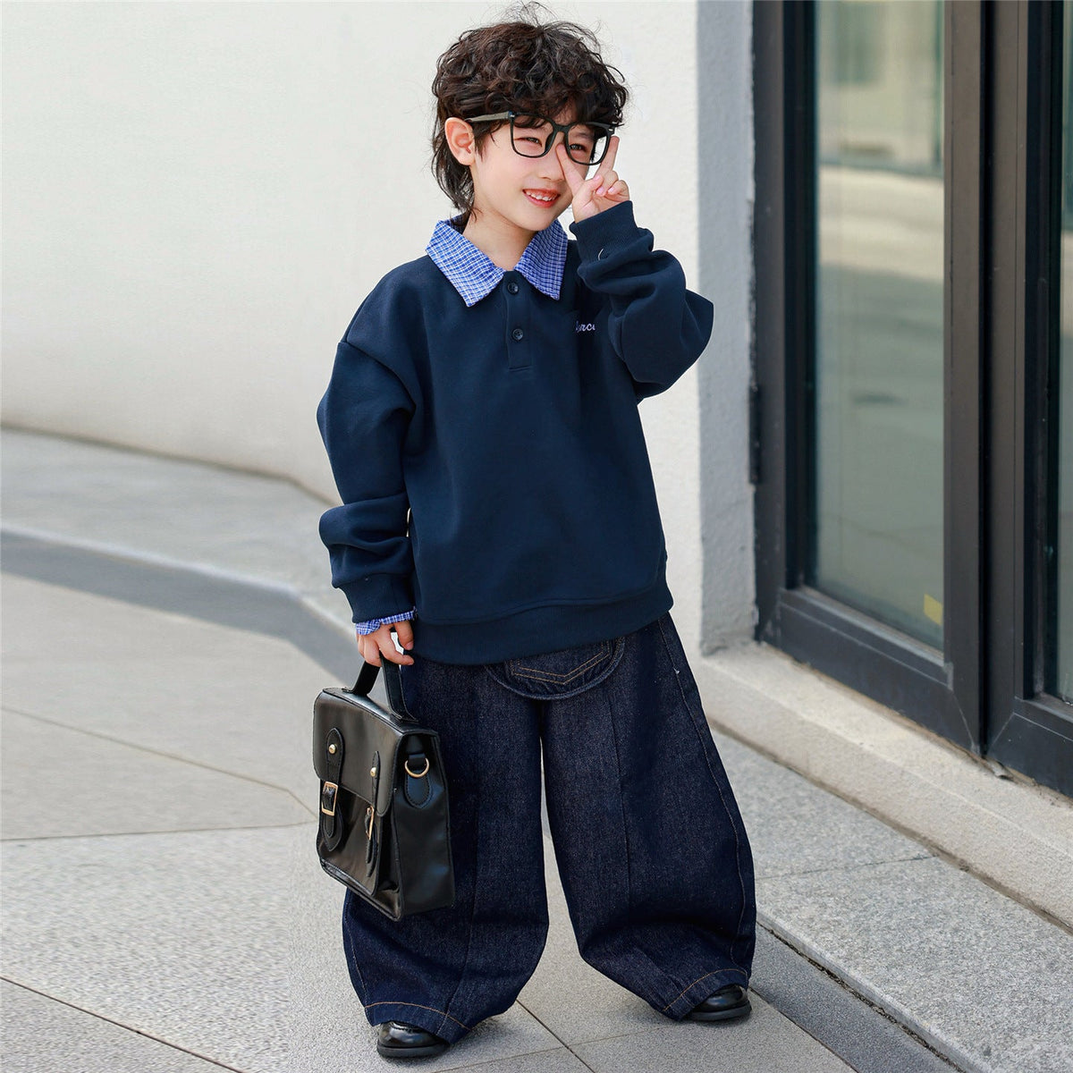 Retro Parent-child Outfit Plaid Patchwork Shirt-collar Hoodie Faux Two-piece Pullover Top
