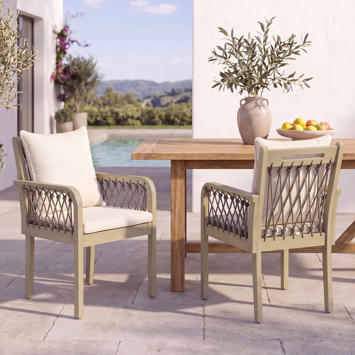 Outdoor Patio Acacia Wood Chairs With Woven Rope Arms (Set of 2)