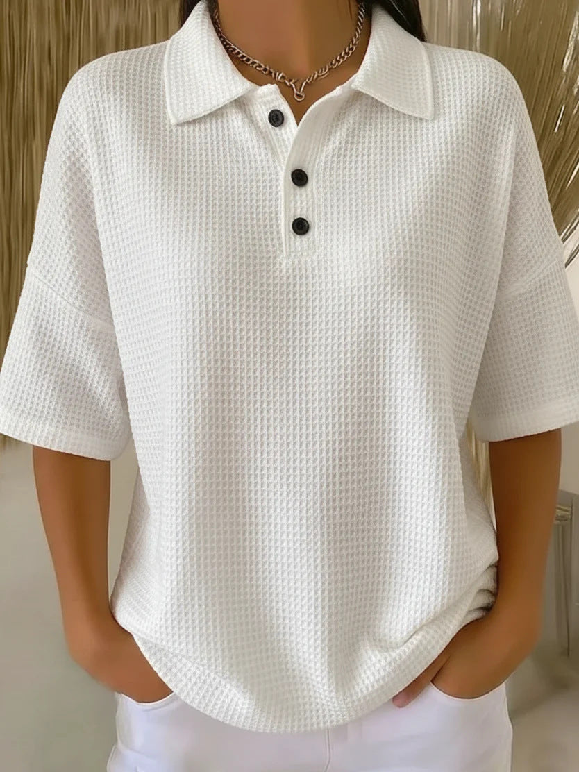 Cross-Border  Foreign Trade Fashion Waffle Short-Sleeved T-Shirt Solid Color Button T-Shirt Polo Collar Pullover Loose Top