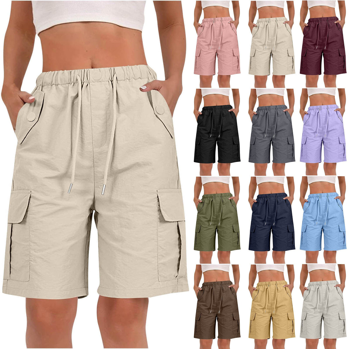 Womens High-waisted Casual Fashion Shorts With Pockets Buttons And A Drawstring