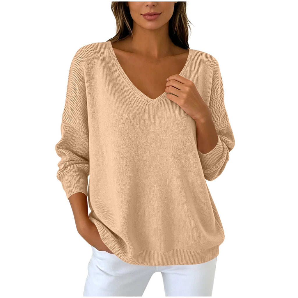 Autumn Winter Women's V-neck Long Sleeved Knitted Sweater Large Loose Shoulder Solid Color Top For Women