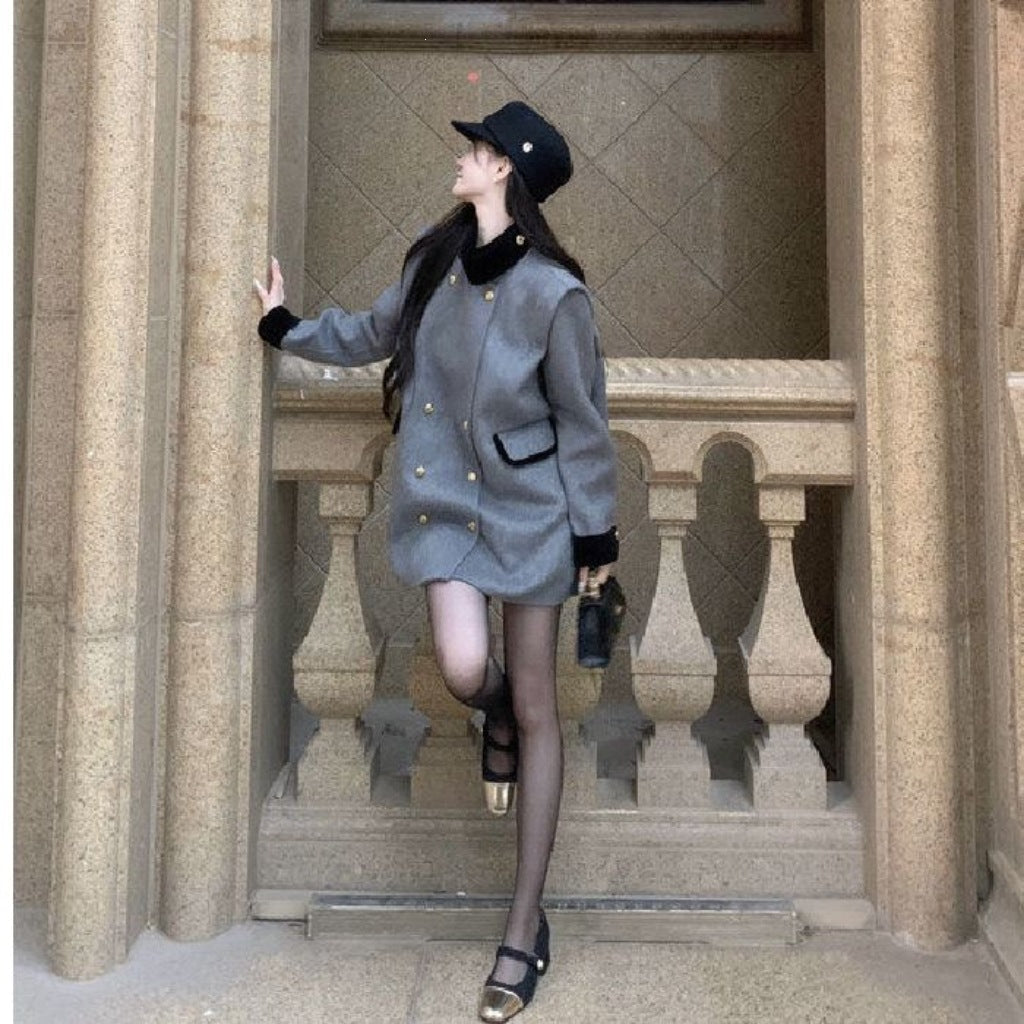 Womens Wool Coat Color-blocked Stand-up Collar Short Style