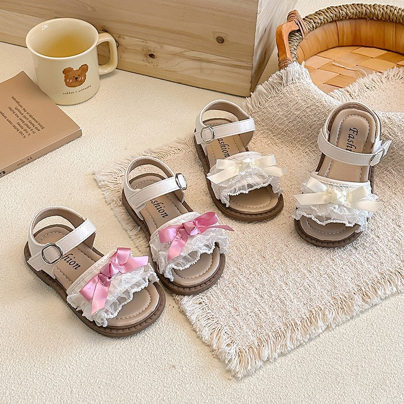 2026 Spring Summer Ins Kids Sandals, Korean Style Girls Flat Princess Shoes With Bow & Mesh Lace Trim