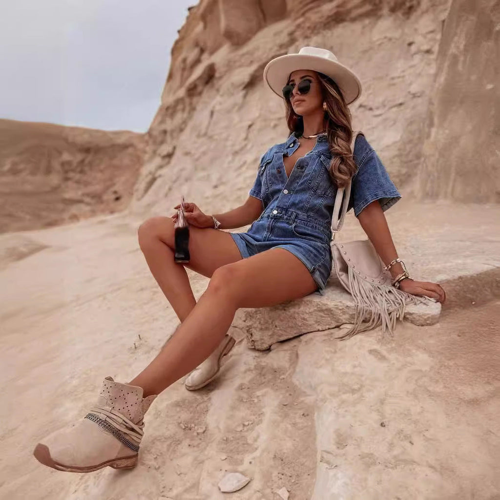Cross-Border European And American Ins Internet Celebrity Style Loose European And American Retro Denim Jumpsuit Jumpsuit Shorts Nk337