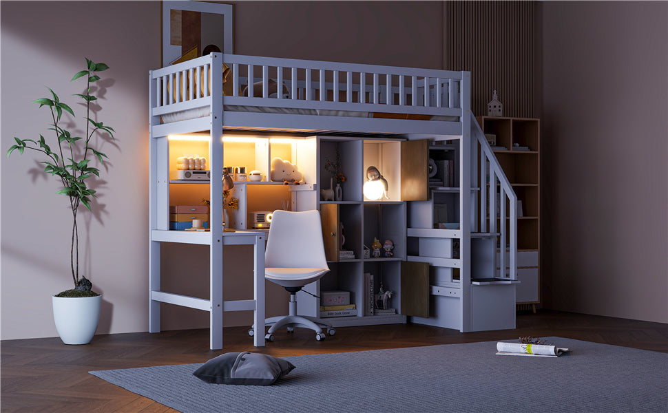 Wood Twin Size Loft Bed with Built-in Desk, LED, Storage Shelves, Cabinets and Staircase