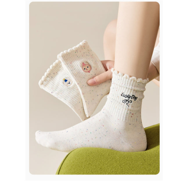 Embroidered Ruffle-ankle Socks For Women
