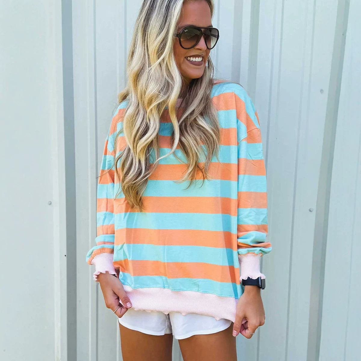 Pullover Crewneck Relaxed-fit Minimalist Striped Colorblock Sweatshirt