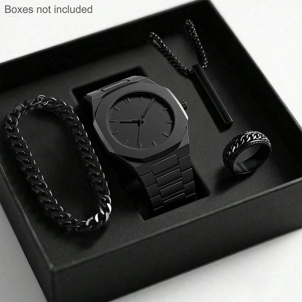 Mens Quartz Watch Necklace Bracelet Set