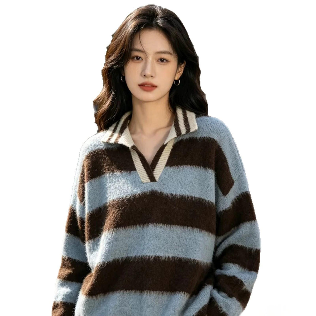 Retro Color-Block Striped Off-Shoulder Pullover Sweater For Women New AutumnWinter Top With Lapel Collar