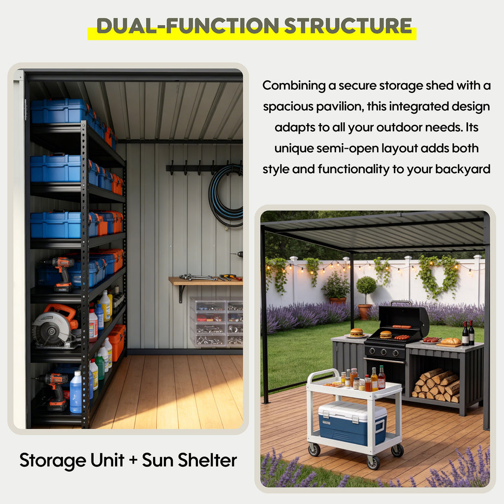 12x4 FT Metal Lean-To Shed with Pergola & Hardtop Gazebo Combo