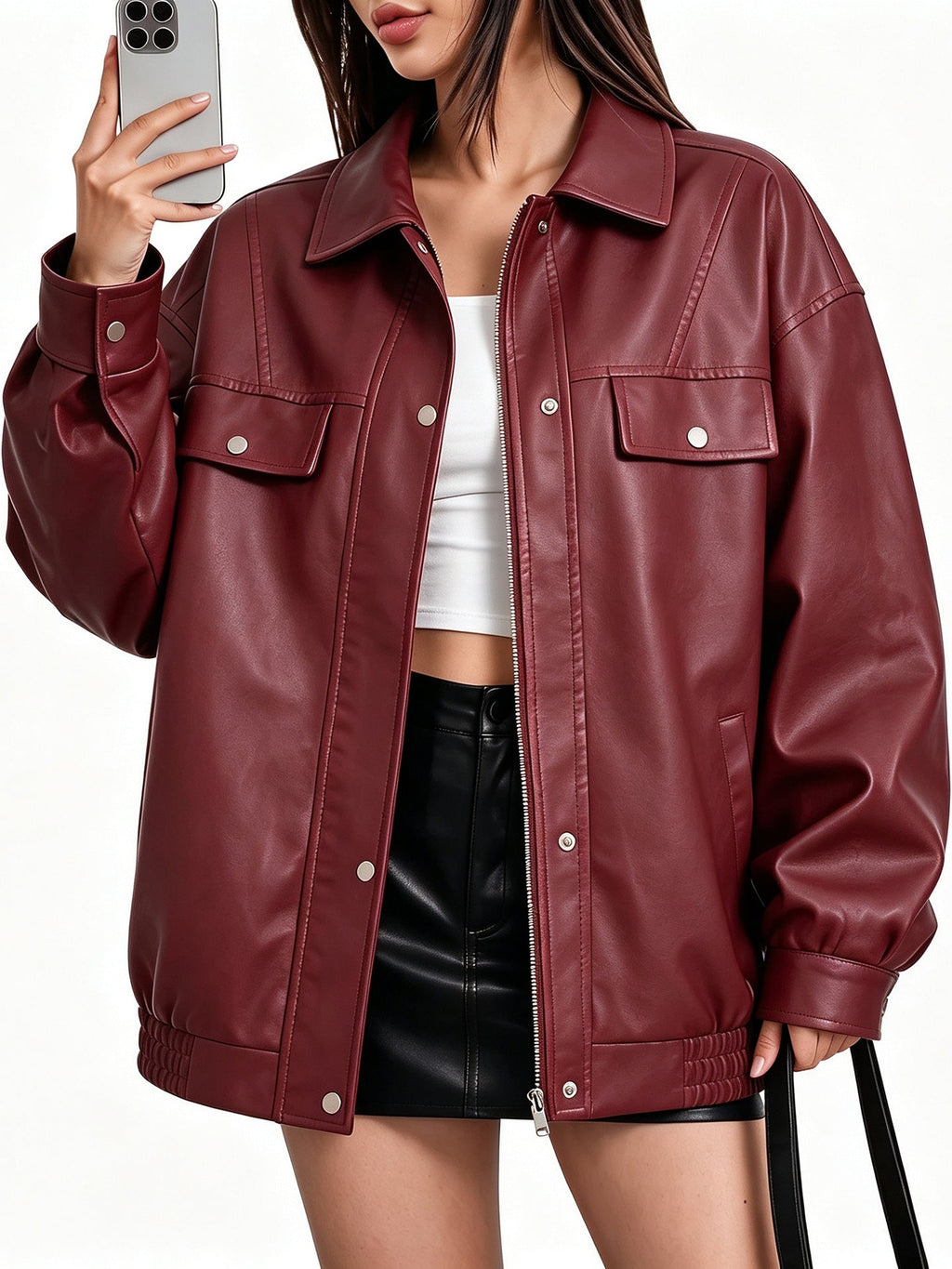 Cross-border European Size Women's PU Leather Short Slim-fit Jacket Spring And Autumn Thin Biker Suit Vertical Collar Jacket Fashion Women's Clothing