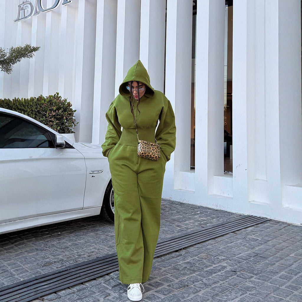 Hooded Zip-up Stretch-waist Jumpsuit