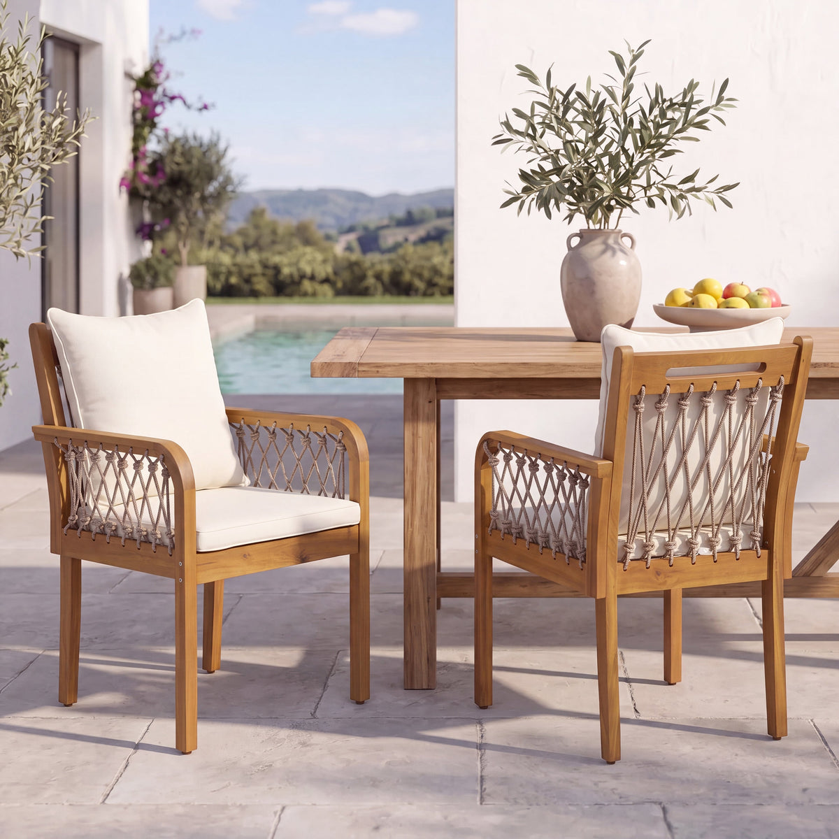 Outdoor Patio Acacia Wood Chairs With Woven Rope Arms