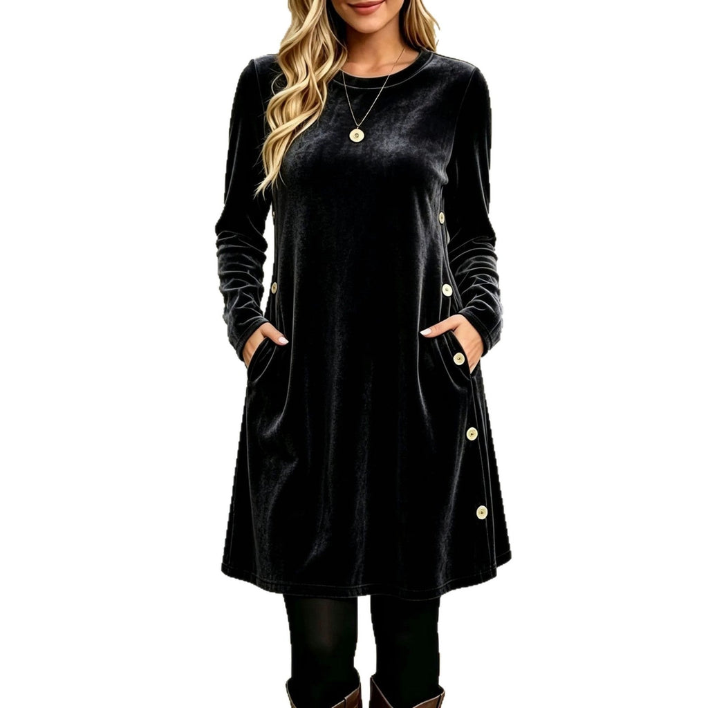 Womens Solid-color Velvet Long-sleeve Dress With Buttons