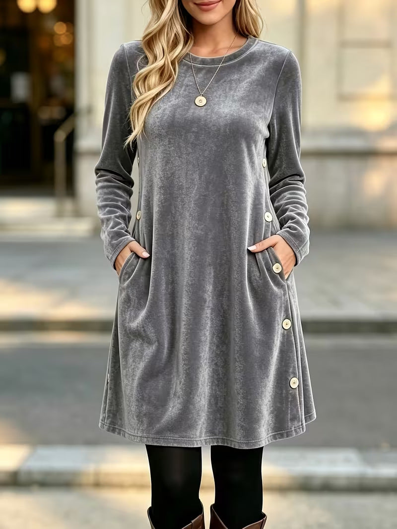 Womens Solid-color Velvet Long-sleeve Dress With Buttons