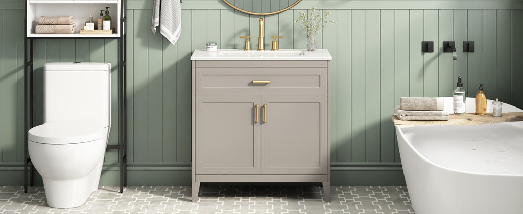 30" Bathroom Vanity with Ceramic Sink Top, Solid Wood Legs