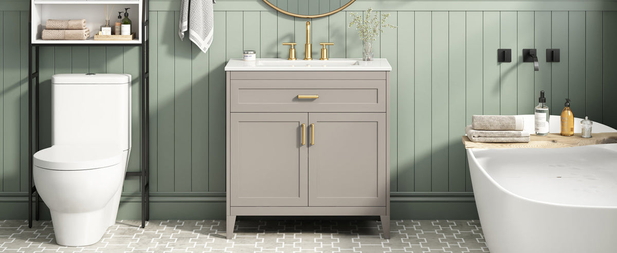 30" Bathroom Vanity with Ceramic Sink Top, Solid Wood Legs