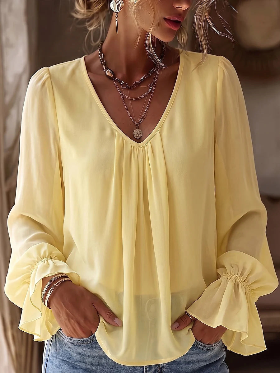 European And American Cross-border Amazon New V-neck Pleated Elegant Loose Casual Solid Color Long-sleeve Women's Shirt