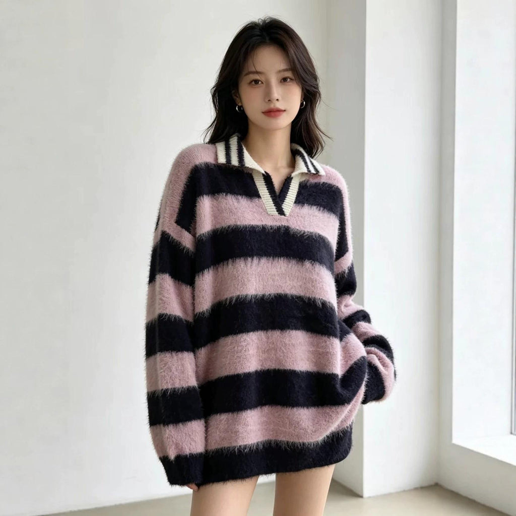 Retro Color-Block Striped Off-Shoulder Pullover Sweater For Women New AutumnWinter Top With Lapel Collar