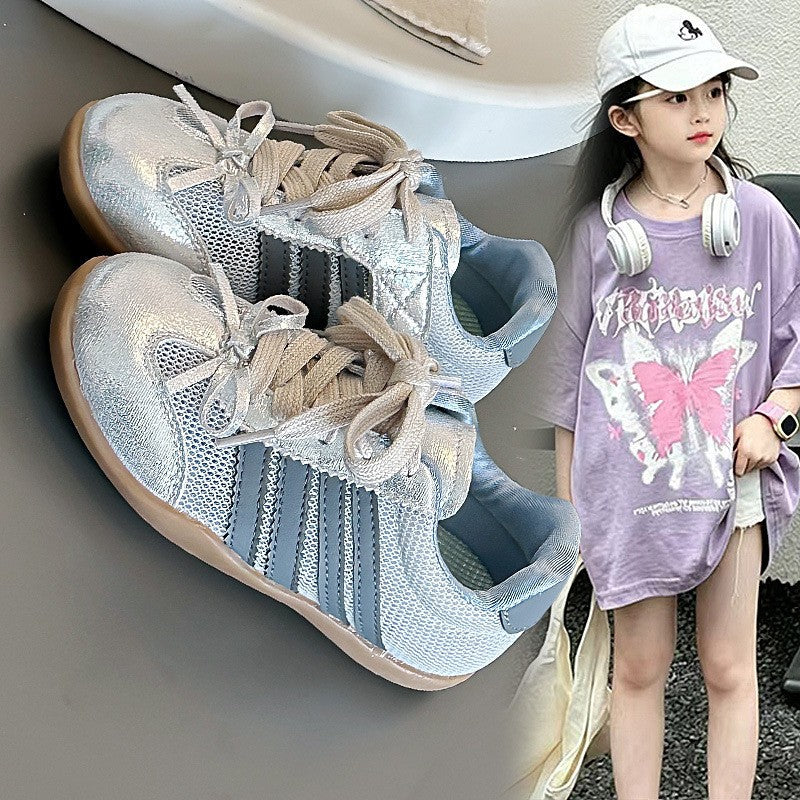 2026 Spring New Girls German Trainers, Korean Style Bow Decor Stylish Genuine Leather Thin Sole Kids Casual Sneakers