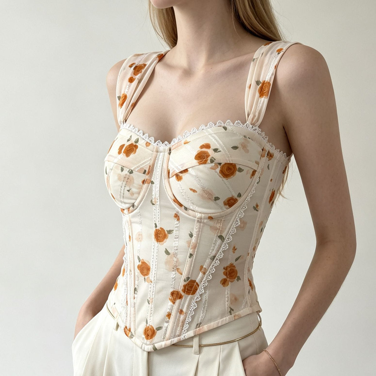 Lace-trimmed Underbust Corset In Apricot Slimming Spaghetti Straps