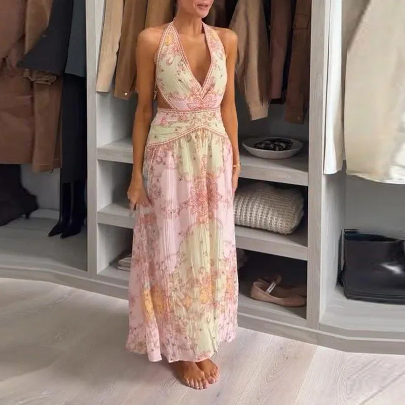 Women's Fashionable Printed V-Neck Halter Dress