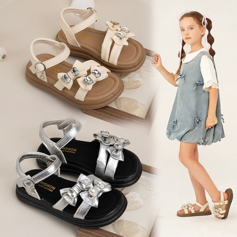 2026 Summer New Ins Fashion Girls Open-Toe Beach Sandals, Bow Decor Cool Princess Style Kids Sandals