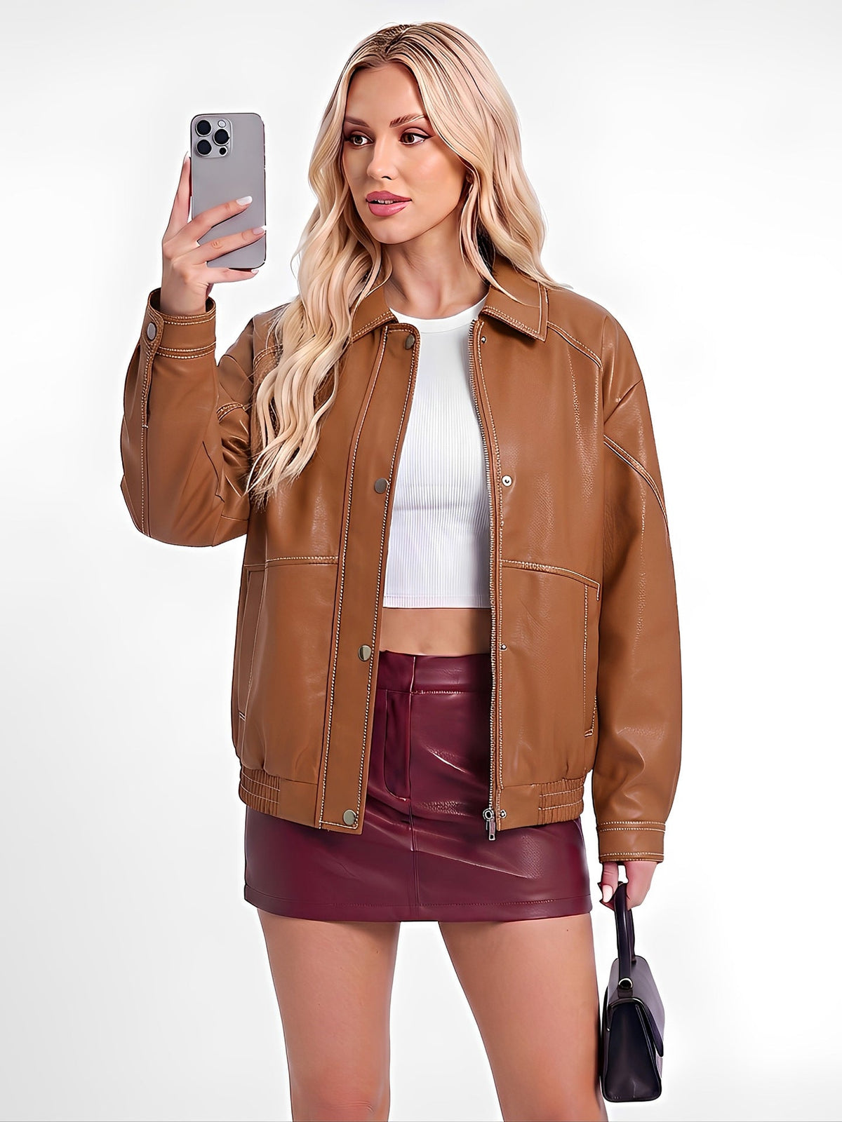 Women's Imitation Leather Oversize Jacket  Motorcycle Style Jacket Spring And Autumn Fashion Jacket Travel Zipper Jacket
