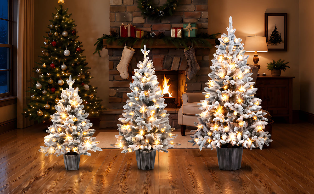 3-Piece Flocked Pre-Lit Christmas Tree Set