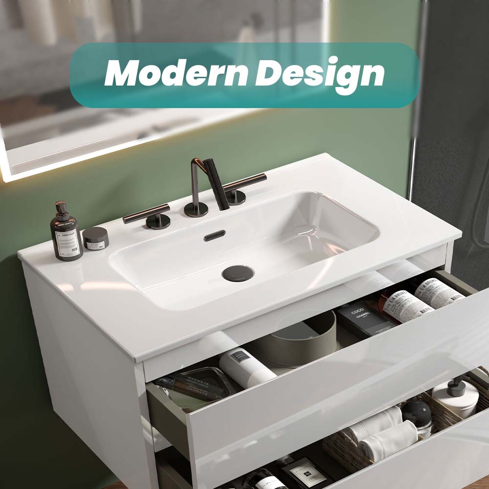 Integrated Glossy White Ceramic Bathroom Sink