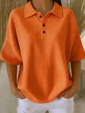 Cross-Border  Foreign Trade Fashion Waffle Short-Sleeved T-Shirt Solid Color Button T-Shirt Polo Collar Pullover Loose Top