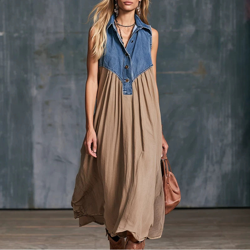 Fashionable Women's Blue Denim Patchwork Dress