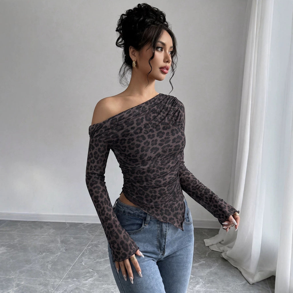 New Retro Leopard-print Off-shoulder Long-sleeve Top With A Fitted Waist