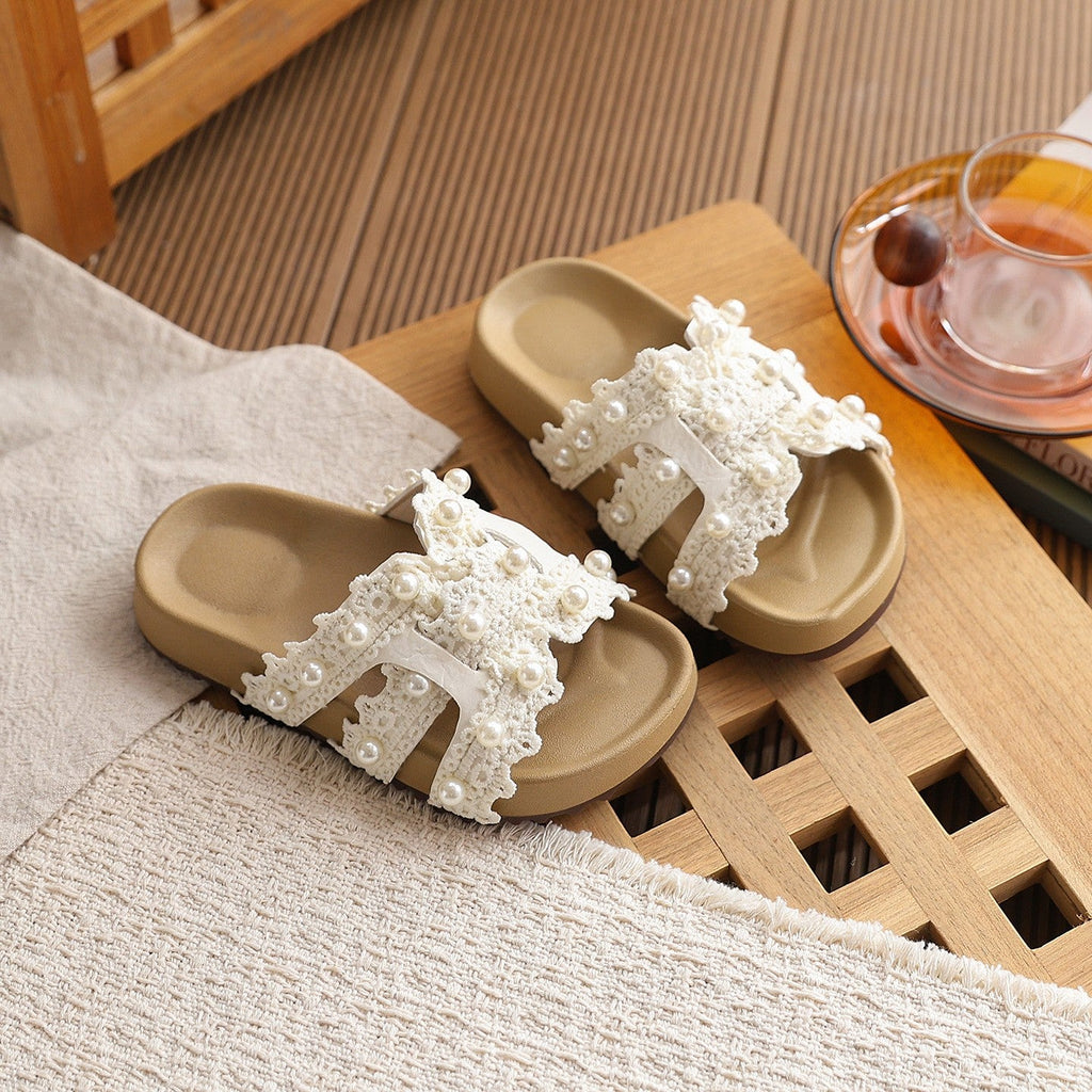 2026 Summer New Korean Style Girls Slippers,  Style Lace Trim Sandal Slippers, Fashion Beach Slide Shoes For Matching Dresses